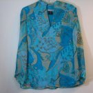 NOTATIONS BLUE PAISLEY SILK BLOUSE TOP SHIRT BEADED SIZE SMALL SUMMER FUN