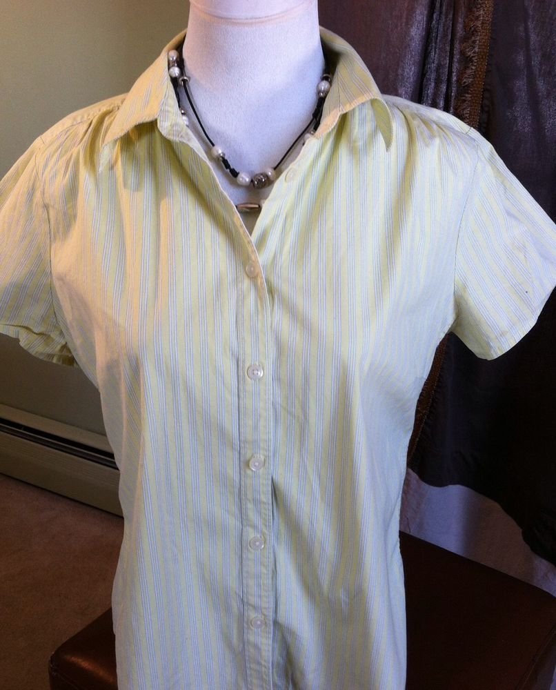 GAP STRETCH WOMENS SIZE LARGE YELLOW STRIPE BUTTON SHIRT BLOUSE TOP SHORT SLEEVE