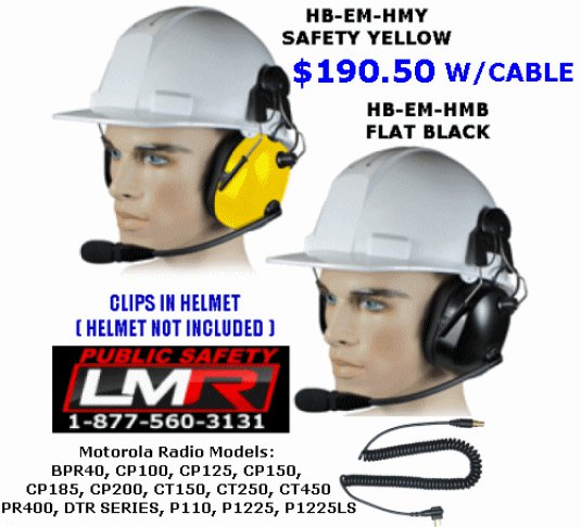 Construction Hard Hat Headset Motorola CP200, CP200D P1225 BPR40 PR400 CT SERIES