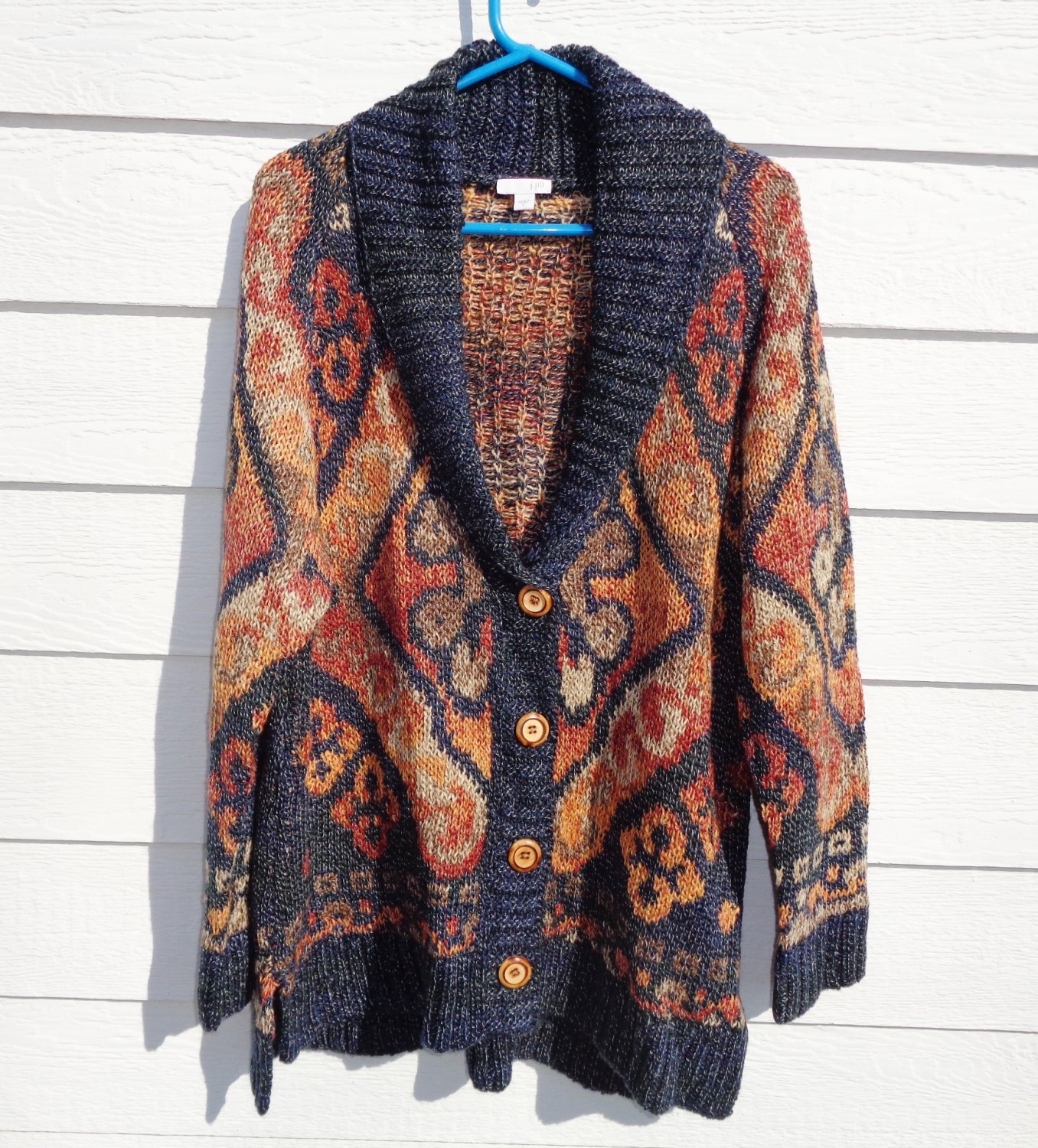J. Jill Cardigan Sweater Large 42 Chest Navy Blue Colorful Wool Blend