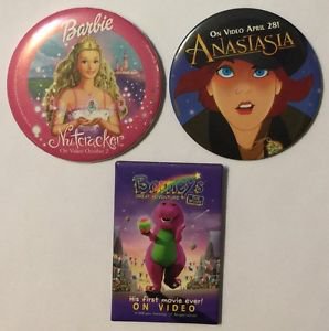 Lot of 3 Children's Movies Promotional Pinback Buttons Anastasia Barbie Barney's