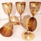 Lot of Six Stemed Brass Wine Goblets Floral Etchings