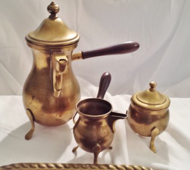 Four Piece Brass Dallah Turkish Coffee Service, Vintage