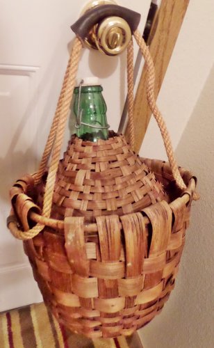 Large Glass Demijohn, Wicker Wrapped, Rope Carrying Hanging Handles