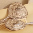 Vintage Grooming Set, Comb, Brush, Mirror, Silverplate,  Repousse, Deep Relief Imagery