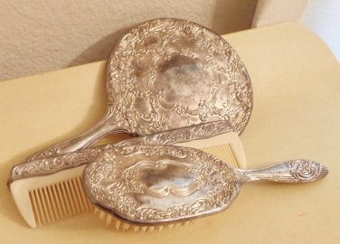 Vintage Grooming Set, Comb, Brush, Mirror, Silverplate,  Repousse, Deep Relief Imagery