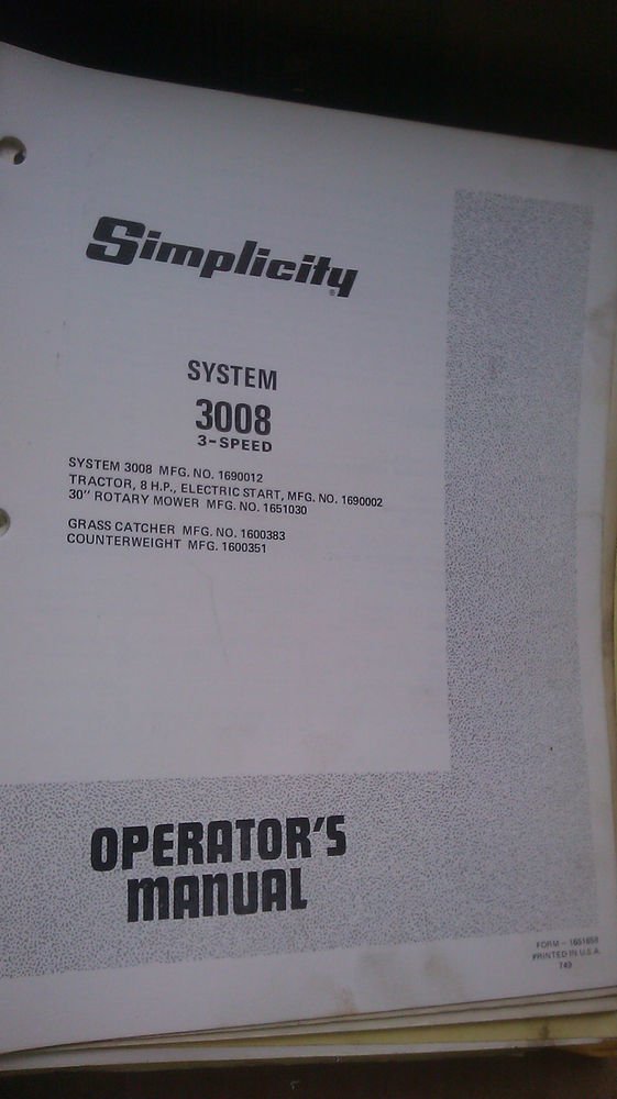 GENUINE SIMPLICITY SYSTEM 3008 3-SPEED OPERATOR'S MANUAL 1651658
