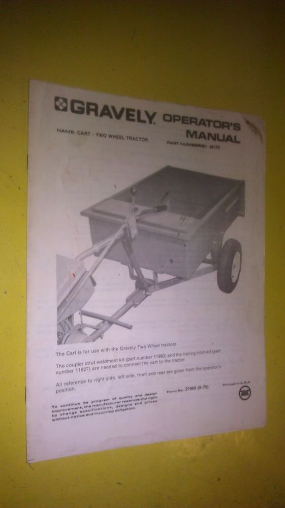 GENUINE GRAVELY TWO WHEEL TRACTOR CART OPERATOR'S MANUAL 22172