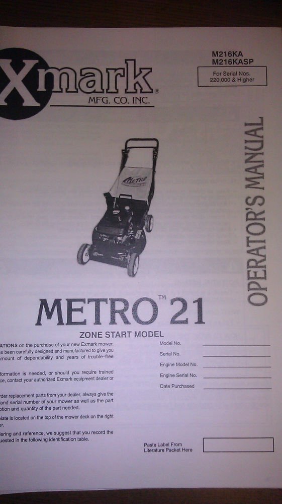 1997-1999 EXMARK METRO 21 ZONE MODELS OPERATOR'S MANUAL M216KA / M216KASP