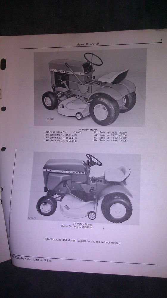 GENUINE JOHN DEERE 34 ROTARY MOWER PARTS CATALOG PC1008
