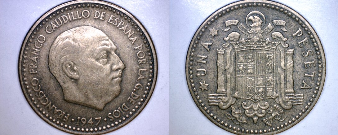 1947 (54) Spanish 1 Peseta World Coin - Spain Caudillo