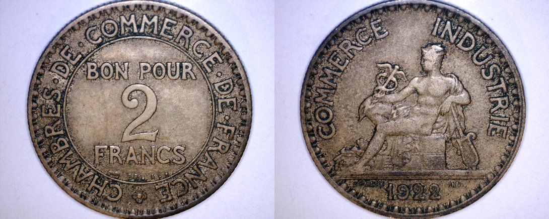 1922 French 2 Franc World Coin - France