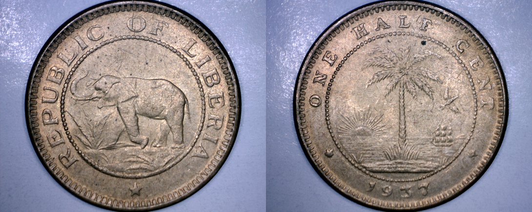 1937 Liberian  Half (1/2) Cent World Coin - Liberia