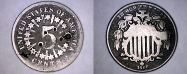 1866 Shield Nickel - Rays - Hole Marked