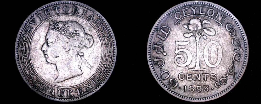 1893 Ceylon Sri Lanka 50 Cent World Silver Coin