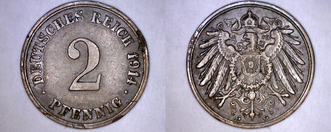 1914 G German 2 Pfennig World Coin -  Germany