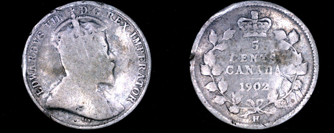 1902-H Canada 5 Cent World Silver Coin - Canada - Edward VII - Broad H