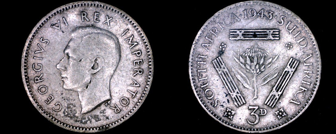 1943 South African 3 Pence World Silver Coin - South Africa - George VI
