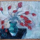 Flori Pentru. Original Signed Oil on Chipboard Painting . Romania, 1975