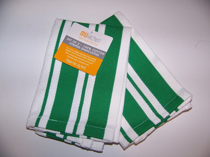 MUkitchen Cotton Stripe Dishcloth, 13 by 13-Inches, Set of 2, Jade
