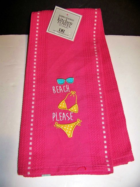 Kitchen Towel PINK Embroidered Bikini BEACH PLEASE 18 x 28  (DII-28766)