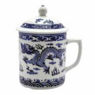 Tea Mug with Lid White and Blue Dragon