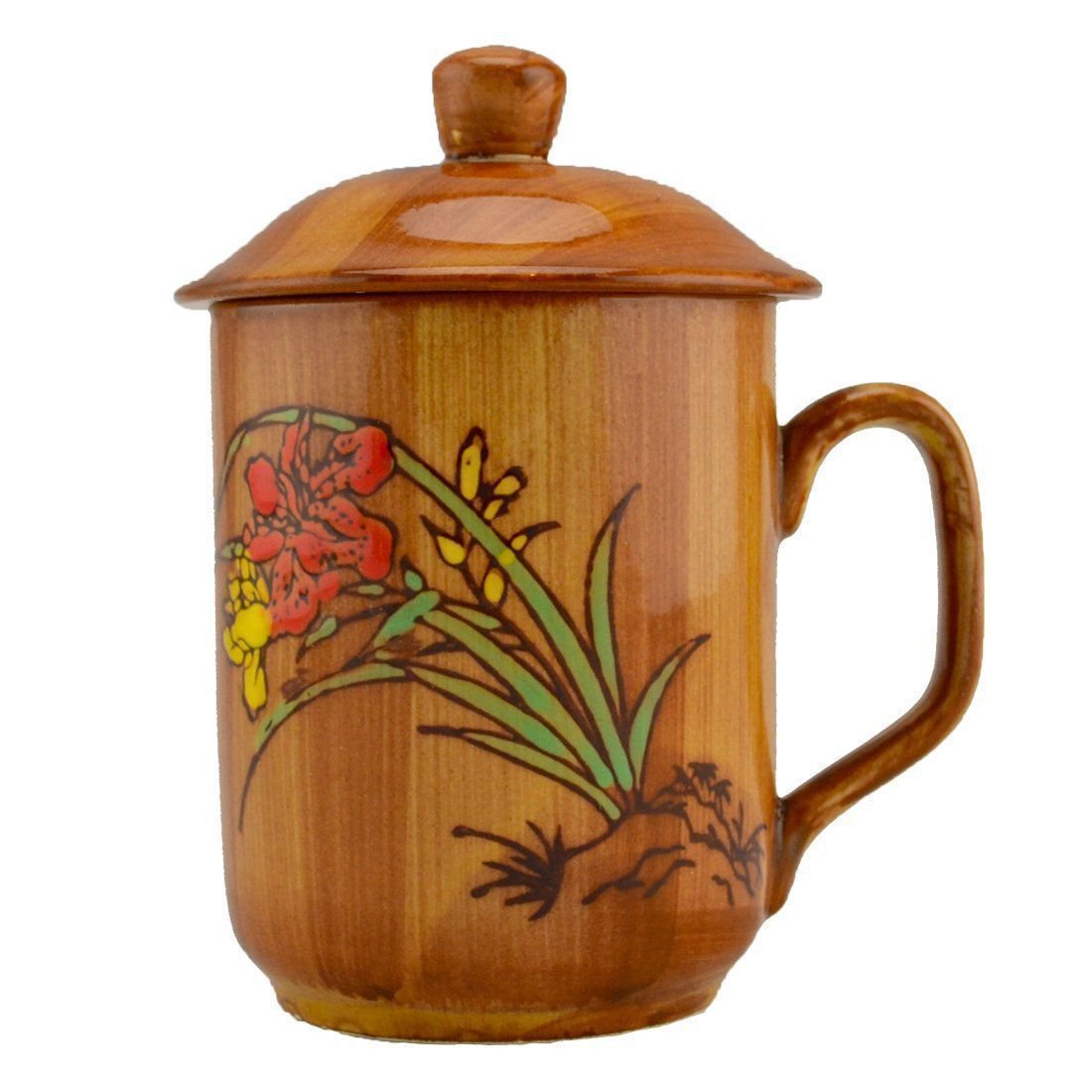 Woodlike Finish Ceramic Floating Flowers Design Mug with Lid  10 fl.oz. (10528D)
