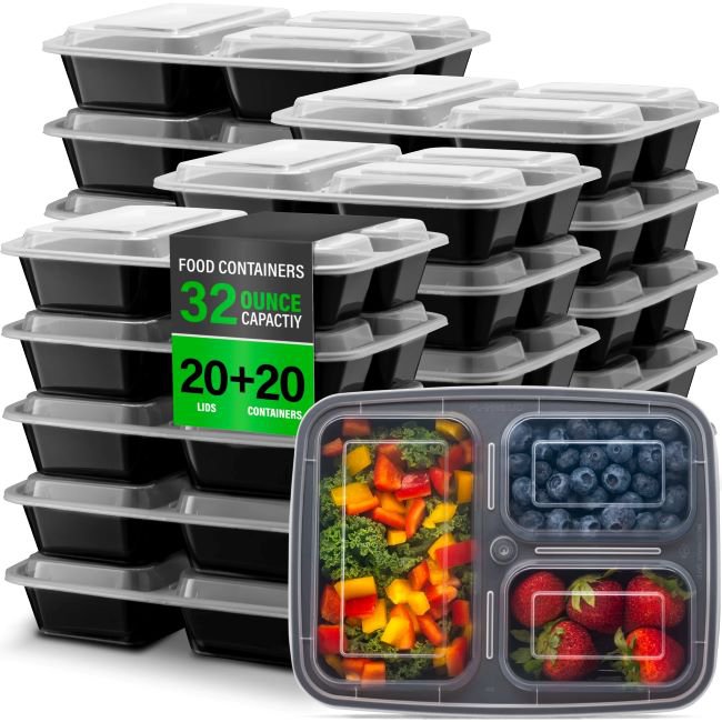 Ez Prepa [20 Pack] 32oz 3 Compartment Meal Prep Containers with Lids