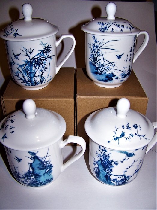 Four Season Bone China Tea Cups (mugs) with Lids Set
