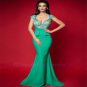 Mermaid Cap Sleeve Green Satin Shining Beading Long Prom Dresses