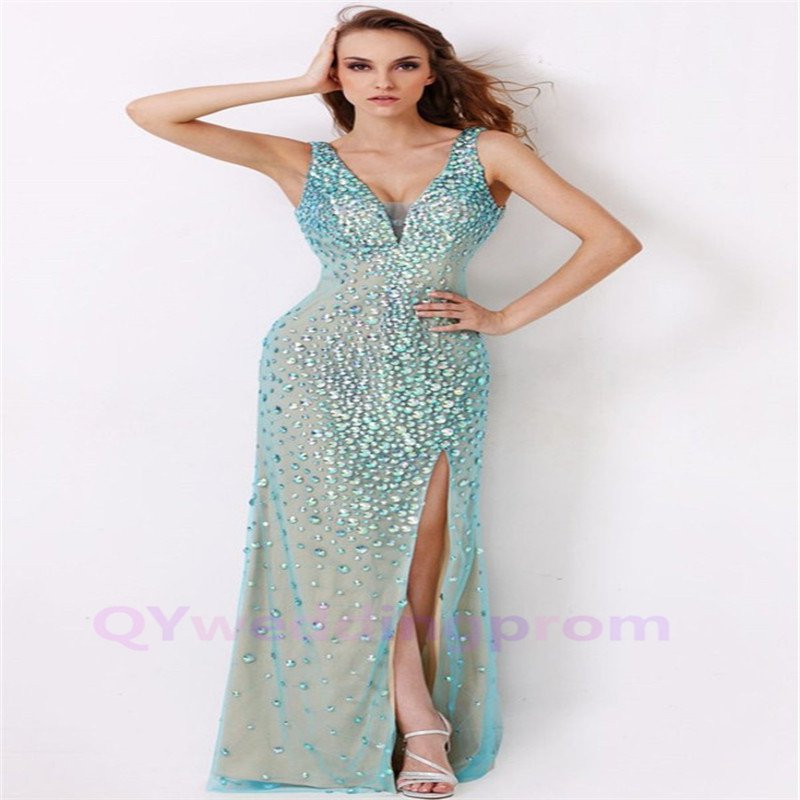 Custom made Charming high slit Crystal formal Evening Dresses 2015 NEW Party Gowns
