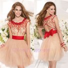 A Line Short/Mini Cap Sleeve See Through Sweetheart Neckline Red Belt Short Evening Dress