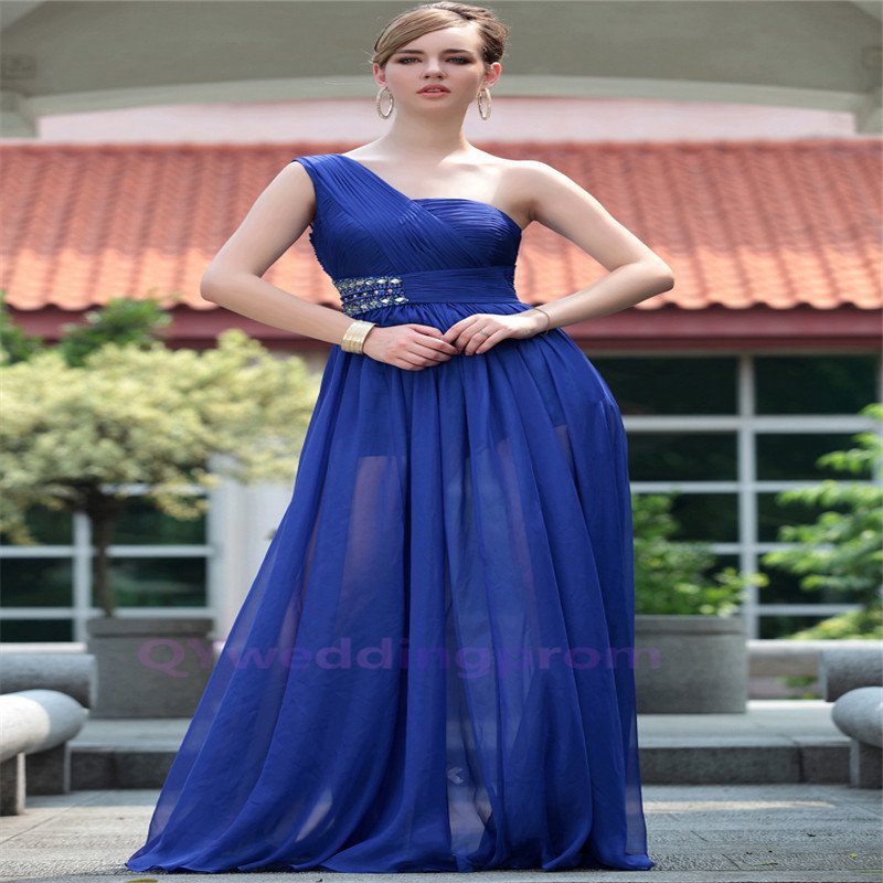 Mix Color And Size One Shoulder A Line Ruched Chiffon Blue Evening Dress
