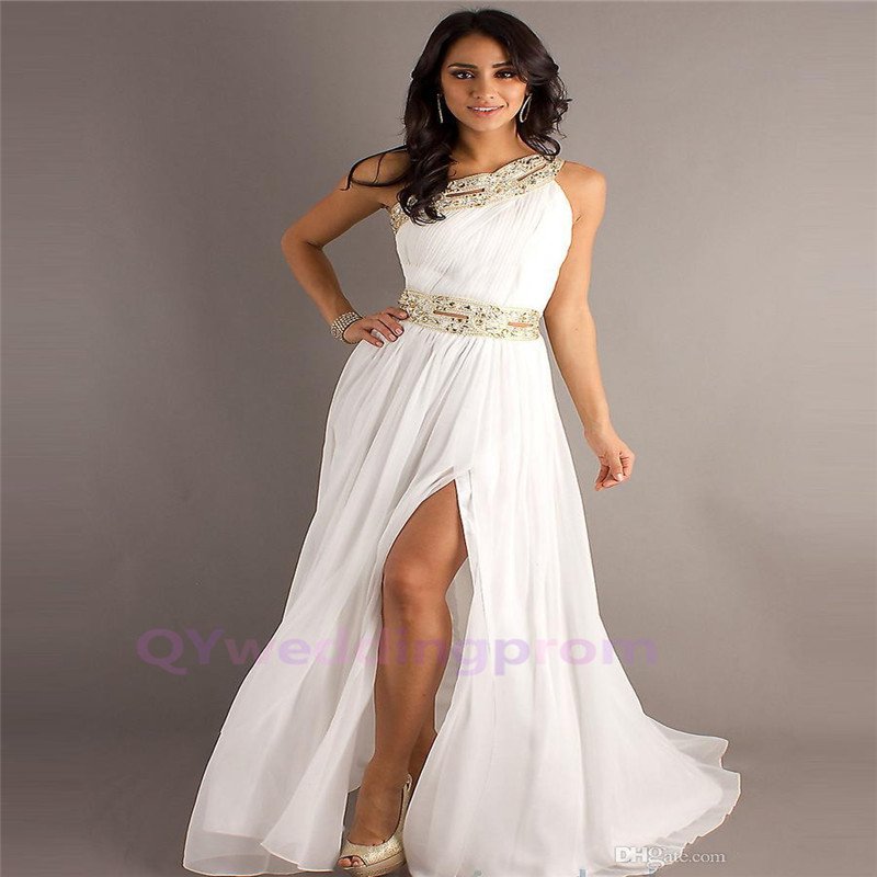 One Shoulder Gold Beading White A Line Sexy High Slits Floor Length ...
