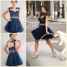 2015 A Line Scoop Neck Cap Sleeve See Through A Line Dark Blue Custom Made Short Prom Dresses
