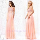 New  Neck Straight Chiffon Sleeveless Coral Long Dress Party Evening Elegant