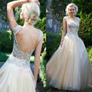 Beaded Jewel A Line Zipper Pleated Floor Length Backless Tulle Puffy Prom Dress