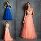 Sweetheart Beaded Empire A Line Tulle Pleated Floor Length Pink Blue Tulle Prom Dress