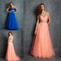 Sweetheart Beaded Empire A Line Tulle Pleated Floor Length Pink Blue Tulle Prom Dress