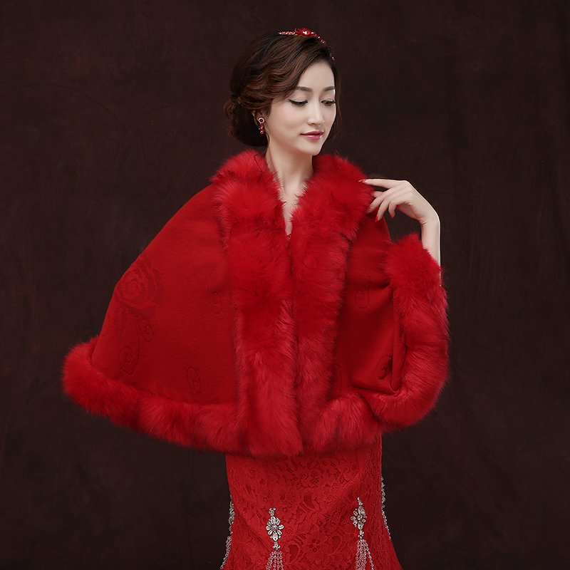 2016 new moderm white red long plush thick warm winter warm cloak shawl ...