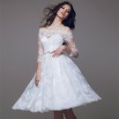 Short Wedding Dress A-Line Boat Neck Above Knee Three Quarter Sleeve White Lace Bride Wedding Dress