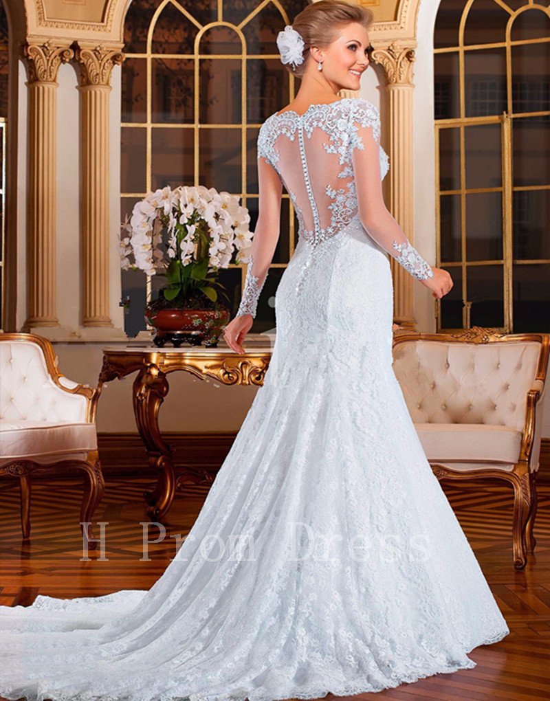 2016 High Quality Lace Wedding Dress Romantic White Long Sleeve Sexy V ...