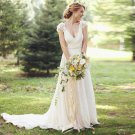 Sexy V-neck Tulle Wedding Dress Appliques Long White Ivory Cap Sleeve Romantic A-Line Wedding Dress