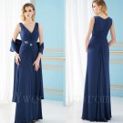 New A-Line V-neck Chiffon Navy Blue Long Mother of the Bride Dresses Gown For Wedding