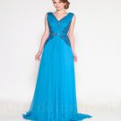 New Sexy V-neck Appliques Chiffon A-Line Blue Long Mother of the Bride Dresses Gown For Wedding