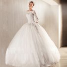 Elegant Lace Appliques Long Shoulder White Tulle Floor Length Wedding Dress Ball Gown