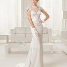 White Appliques Cap Sleeve Floor Length Mermaid Wedding Dress Backless Wedding Gown
