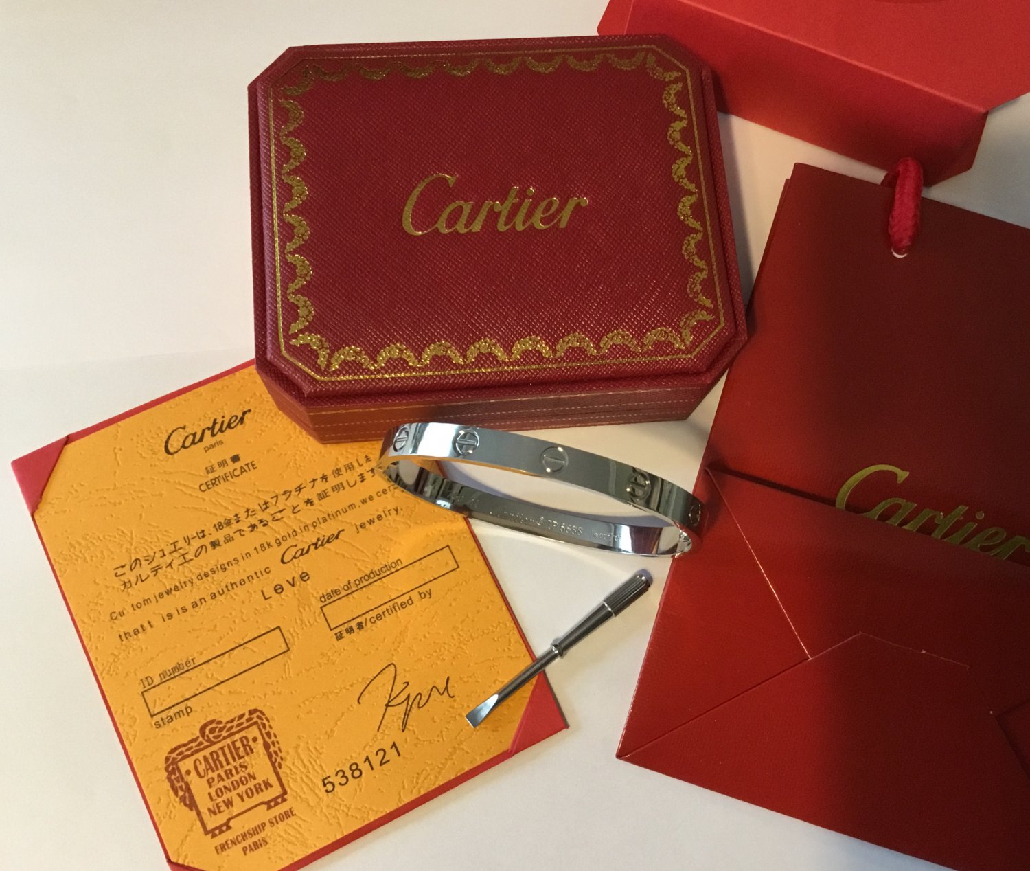 Cartier Love 18K White Gold Bracelet Size 19