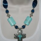 Western Cowgirl Necklace, Magnesite Statement, Blue Agate Silver Cross Southwestern Necklace