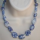 Blue White Ceramic Bead Necklace, Porcelain Bead Silver Chain Necklace